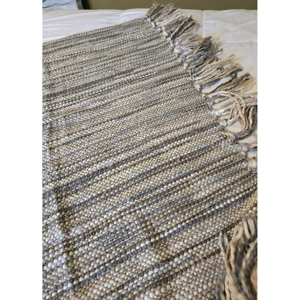 Altar'D State Striped Fringed Afghan, 100% Acrylic Lap Throw, Gray Tan White
